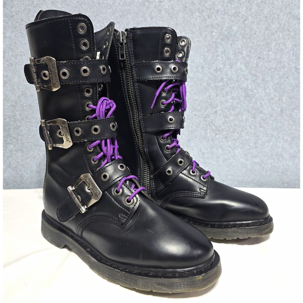 Demonia Black Leather Combat Boots - Side Zip - US 9 mens